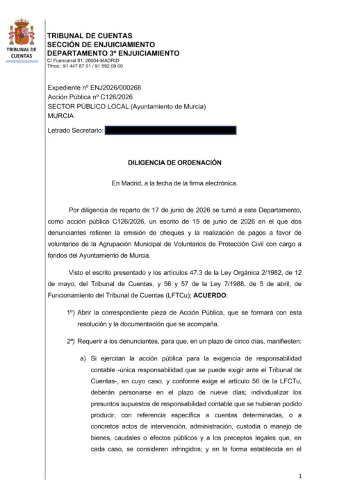 El Tribunal de Cuentas abre pieza por los pagos a Protección Civil de Murcia