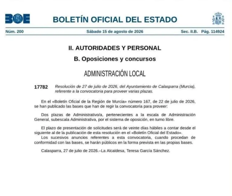 Calasparra mantiene abierto hasta el 11 de septiembre el plazo para dos plazas de administrativo