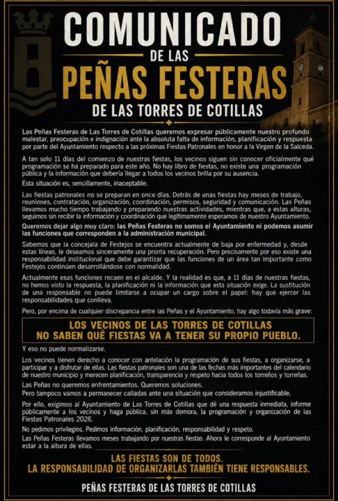 Las peñas de Las Torres estallan a diez días de las fiestas sin programa oficial Las peñas de Las Torres estallan a diez días de las fiestas sin programa oficial