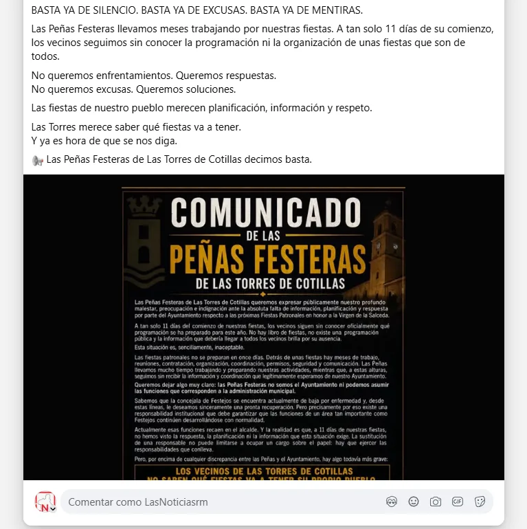 Las peñas de Las Torres estallan a diez días de las fiestas sin programa oficial Las peñas de Las Torres estallan a diez días de las fiestas sin programa oficial