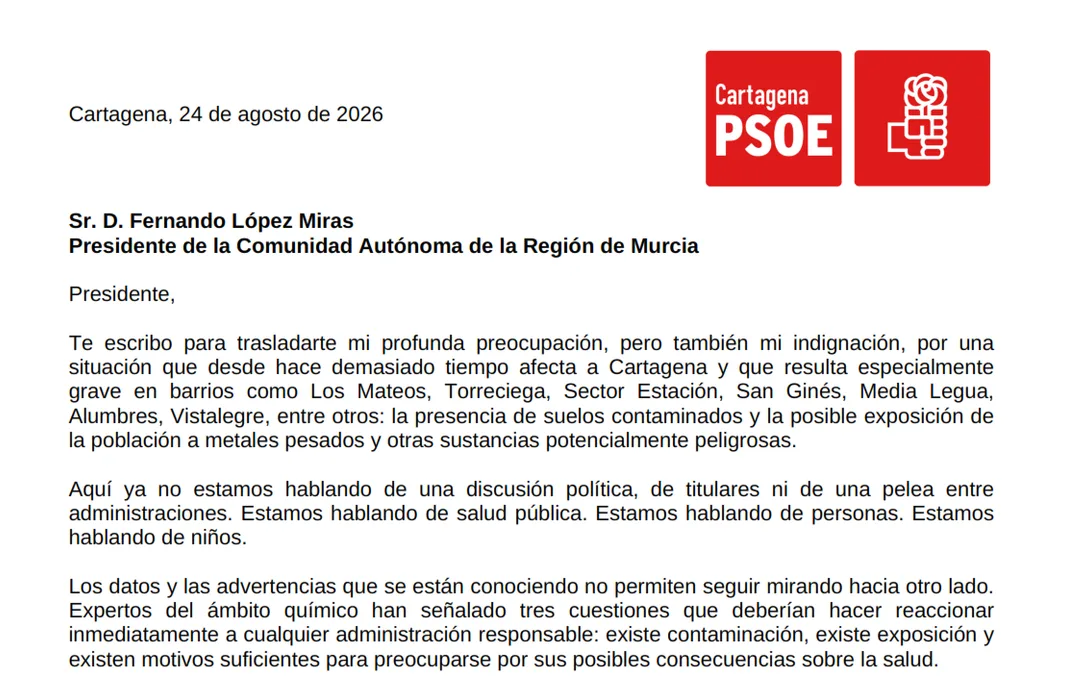 El PSOE exige a López Miras un plan sanitario ante los suelos contaminados de Cartagena
