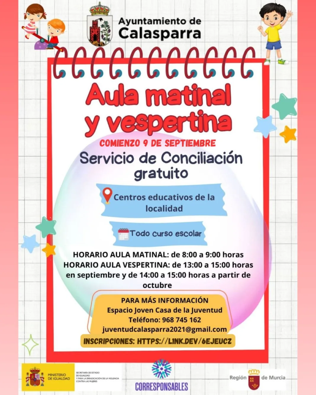 Calasparra recupera las aulas gratuitas de conciliación para el curso 2026-2027