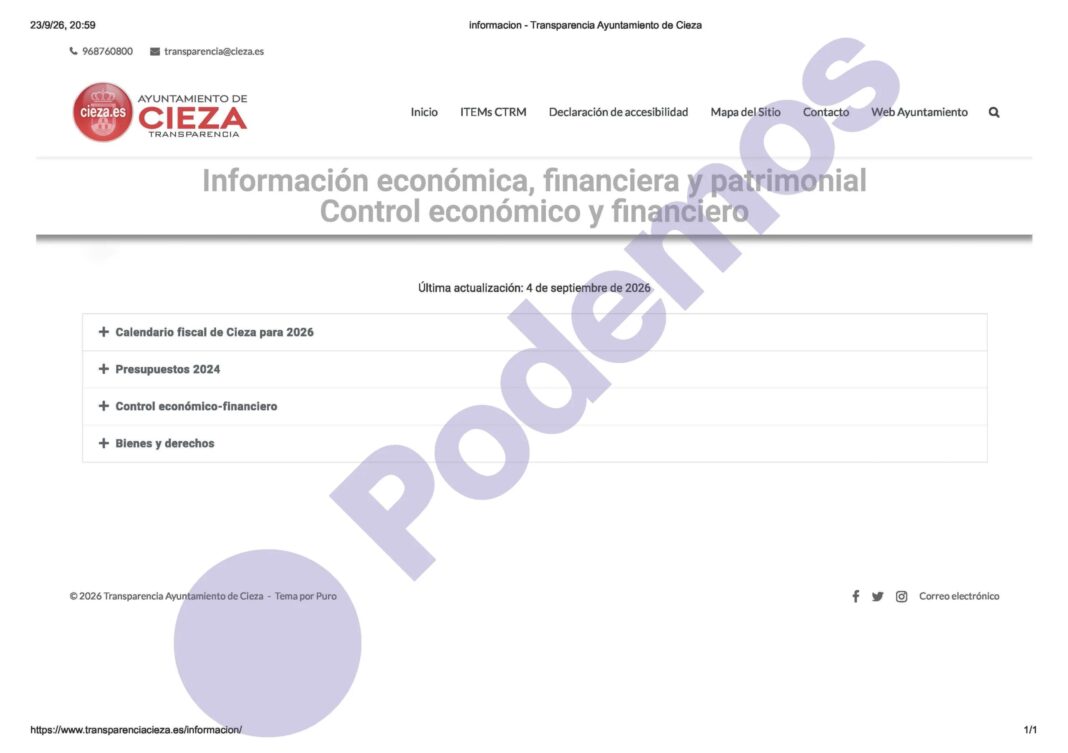 Imagen Portal de transparencia. Presupuestos municipales 21.09.2026 Podemos denuncia que Cieza no publica en Transparencia el presupuesto que mantiene prorrogado