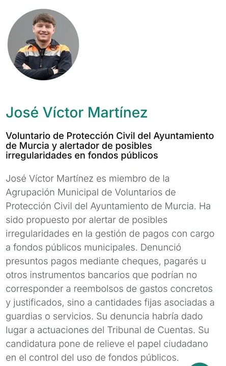 Un voluntario de Protección Civil de Murcia, candidato a un premio por alertar sobre pagos municipales Un voluntario de Protección Civil de Murcia, candidato a un premio por alertar sobre pagos municipales