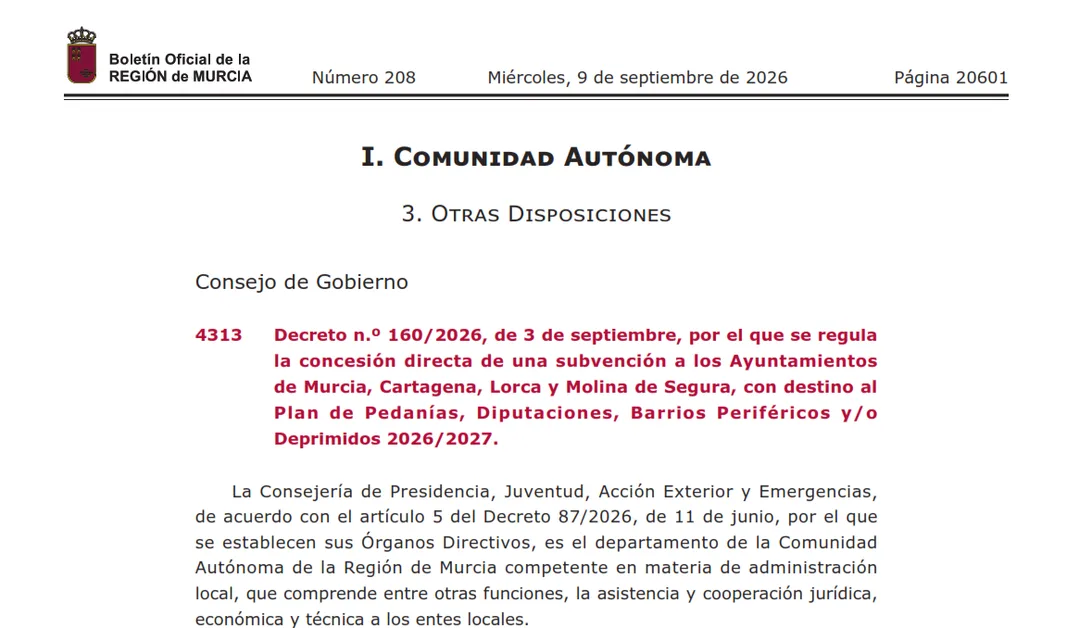 El PSOE denuncia que Molina recibirá menos fondos del Plan de Pedanías El PSOE denuncia que Molina recibirá menos fondos del Plan de Pedanías