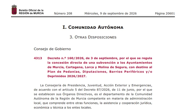 El PSOE denuncia que Molina recibirá menos fondos del Plan de Pedanías