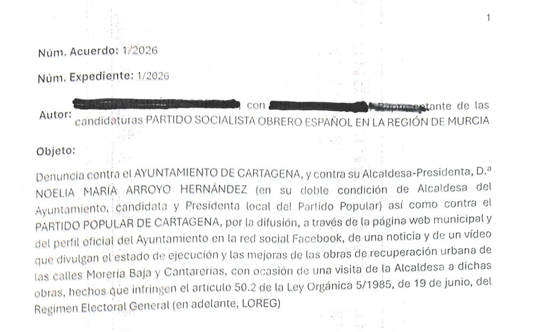 La Junta Electoral obliga a Arroyo a retirar publicaciones municipales sobre obras en Cartagena